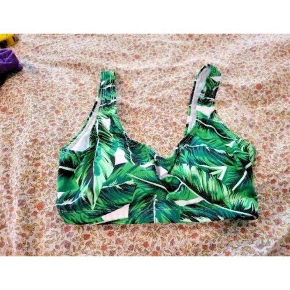 New S Bathing Suit Top No Wire Padded Green Tropic Shade Leaf Print Swim Bra